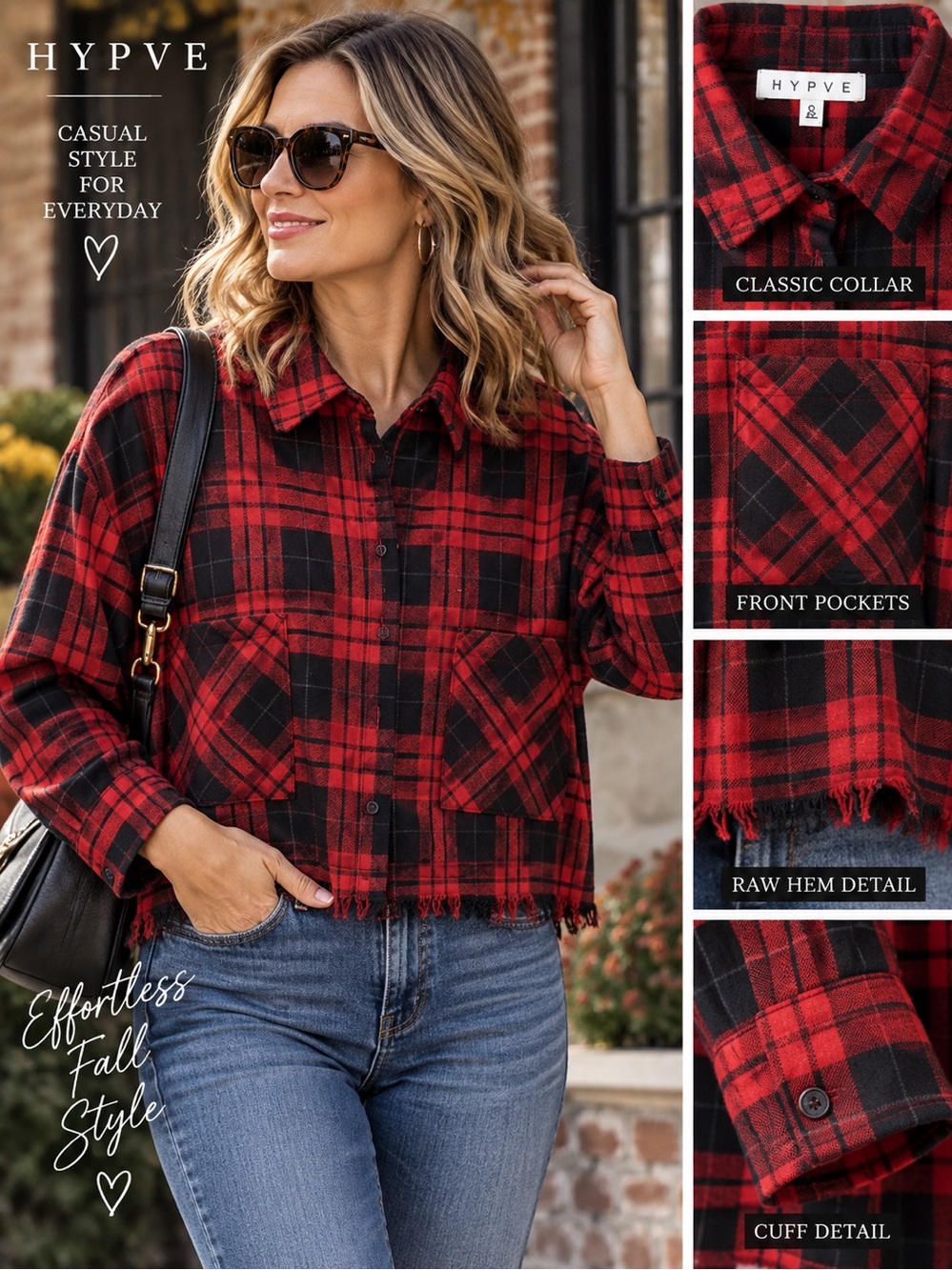 HYFVE Red & Black Plaid Cropped Button-Front Jacket Size Medium